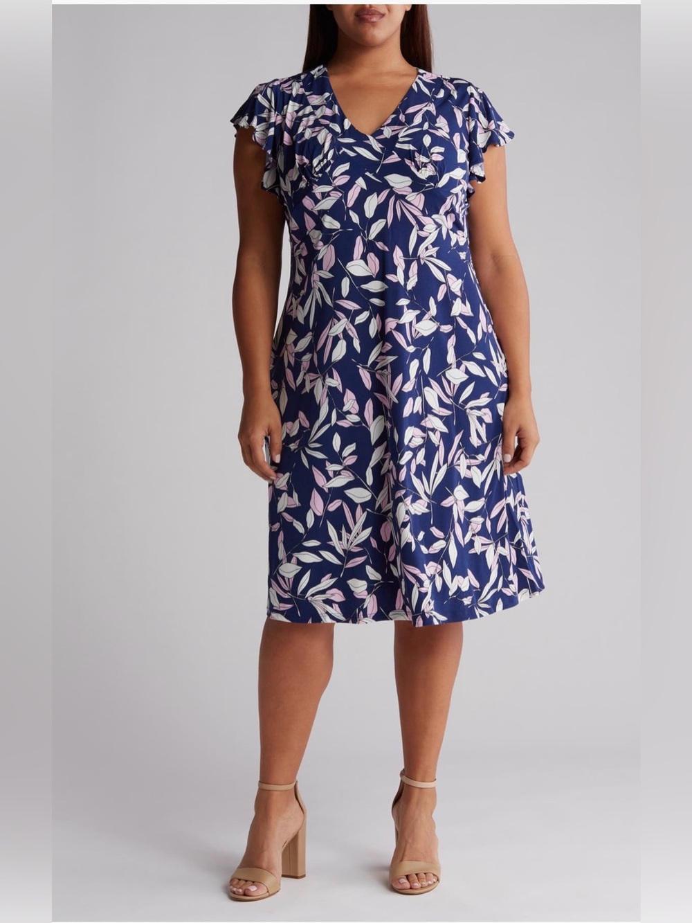 London Times Ruffle Cap Sleeve Midi Dress V-neck PLUS size 14
